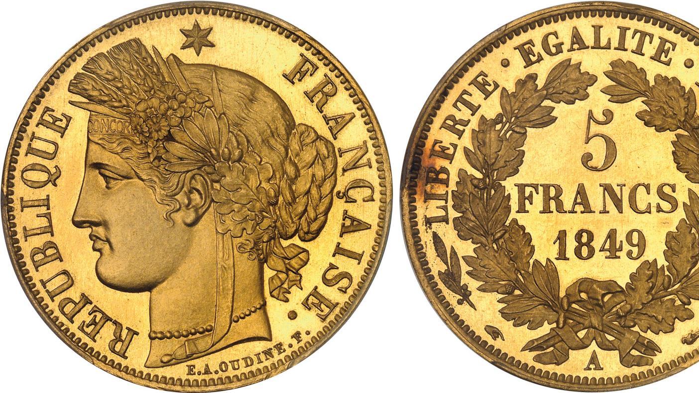 France, IIe République (1848-1852), épreuve de 5 francs Cérès en or, frappe spéciale... Victoire pour une monnaie d'or de la IIe République