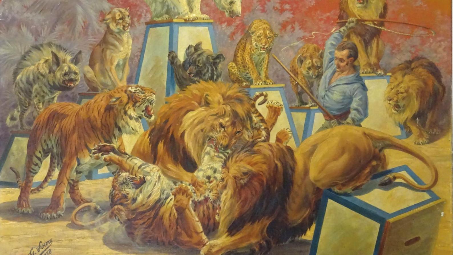 Gustave Soury (1884-1966), Combat de fauves sur la piste du cirque, huile sur toile,... Le cirque par Gustave Soury