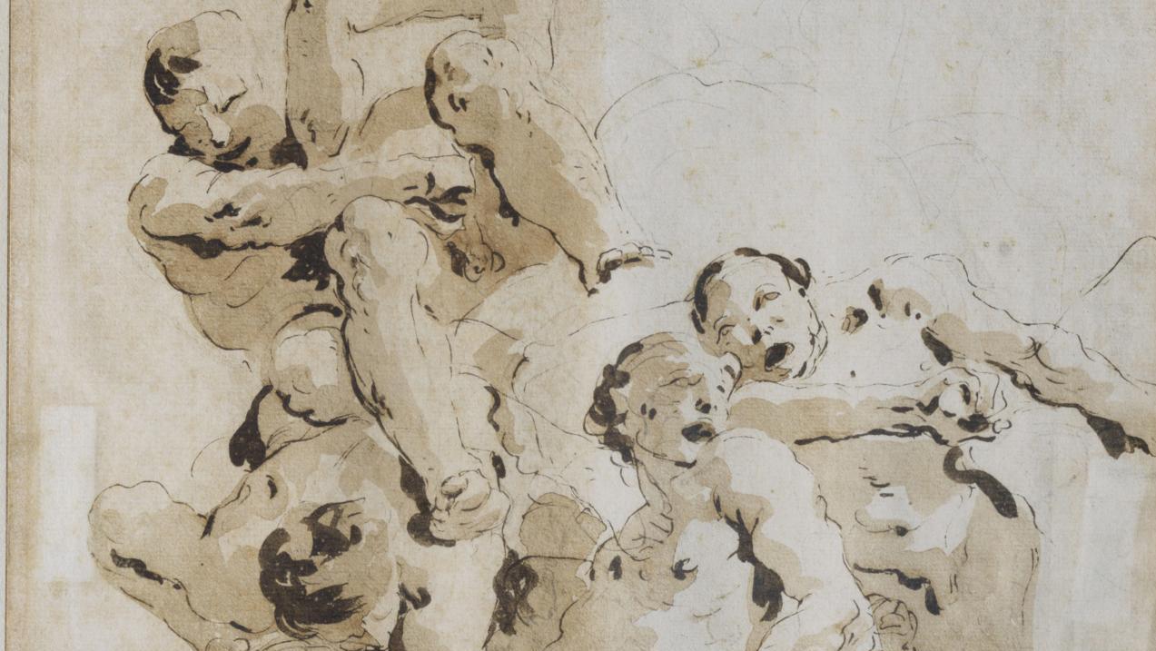 Giovanni Battista Tiepolo (1696-1770), Étude de figures plafonnantes, plume et encre... Tiepolo dessinateur ou la virtuosité du trait 