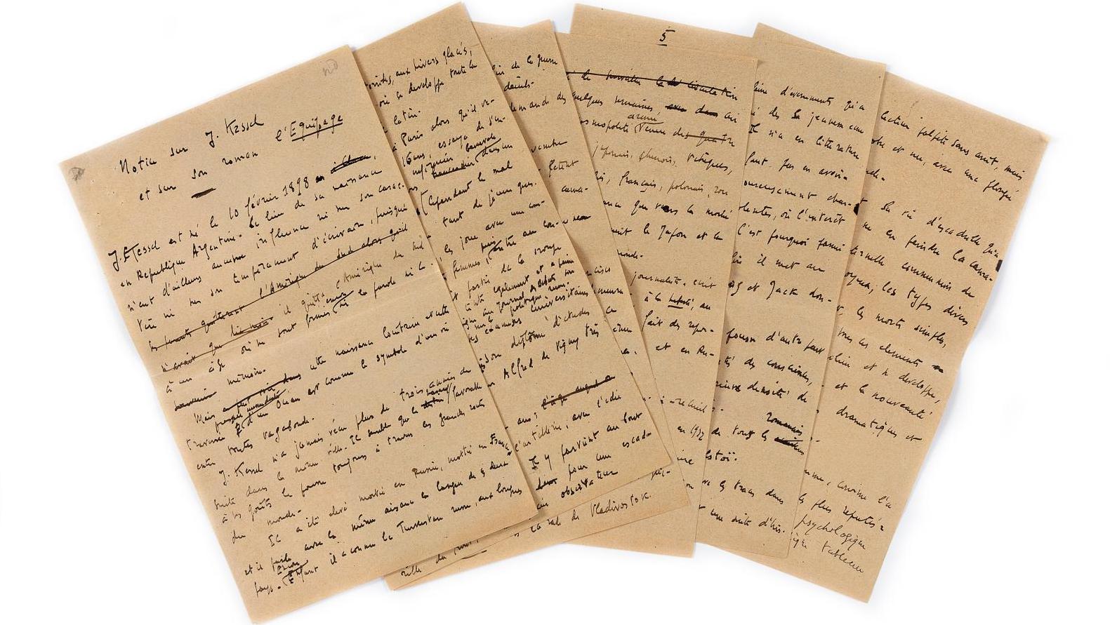 Joseph Kessel (1898-1979), Manuscrit autographe, 1924 ; 6 pages petit in-4°. Notice... Bibliophilie : l’équipage de Joseph Kessel et ses cavaliers 