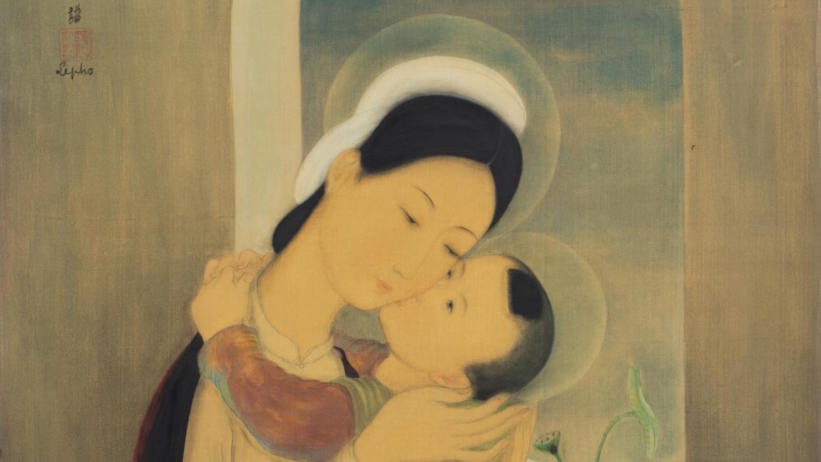 Lé Phô (1907-2001), Maternité, encre et couleurs sur soie contrecollée sur carton,... Maternité de Lé Phô : la peinture sur soie au sommet 