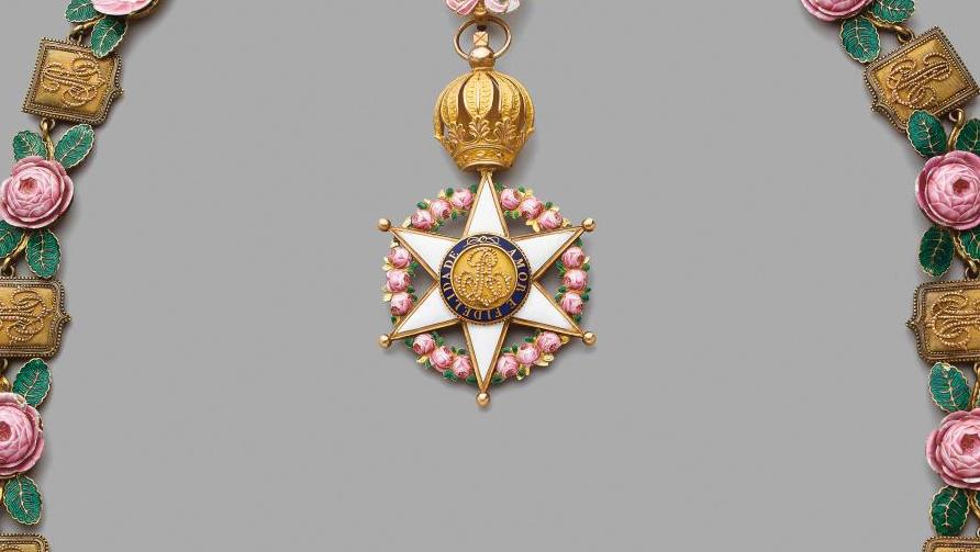 Brésil, milieu du XIXesiècle. Collier de grand-croix de l’ordre de la Rose, en vermeil,... Décoration rose Brésil