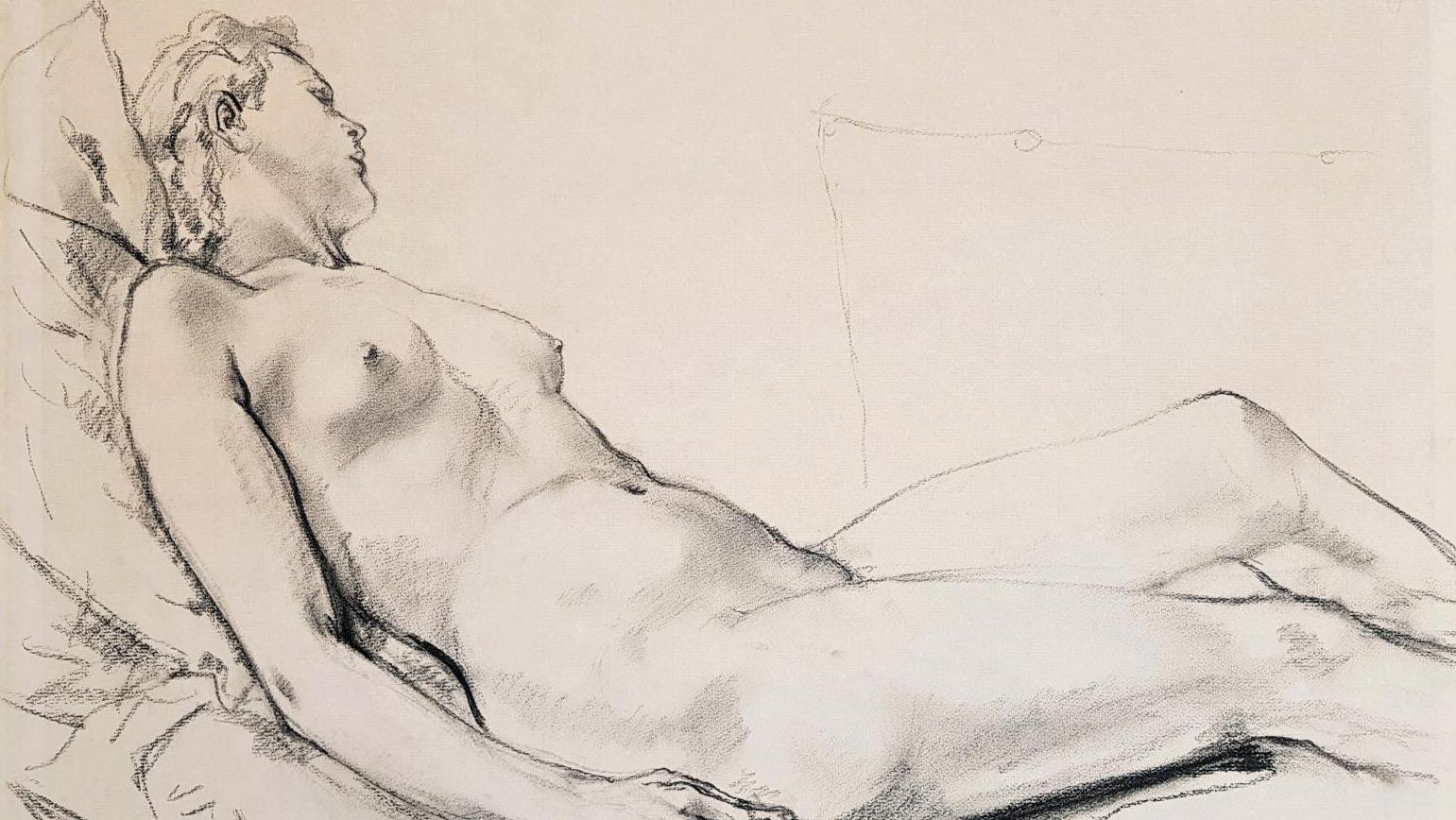 Tsuguharu Foujita (1886-1968), Femme nue allongée, 1953, dessin sur papier d’Ingres... Le trait magistral de Foujita, maître du nu