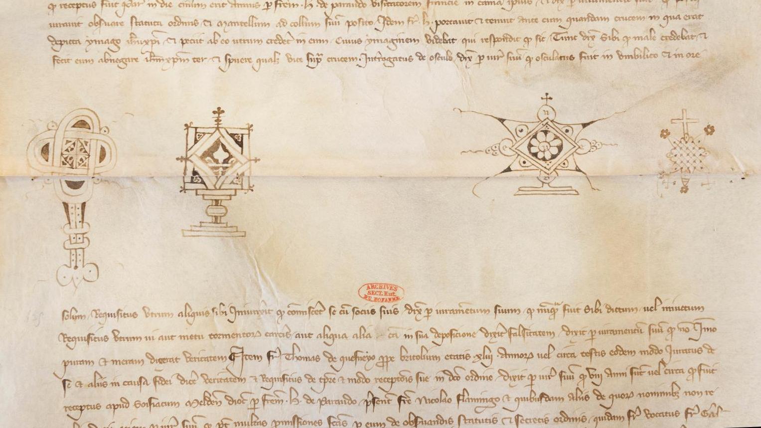 Detail from the Templars’ interrogation scroll: signatures of four notaries affixed...  The Interrogation Scroll of the Templars: An Important Historical Source 