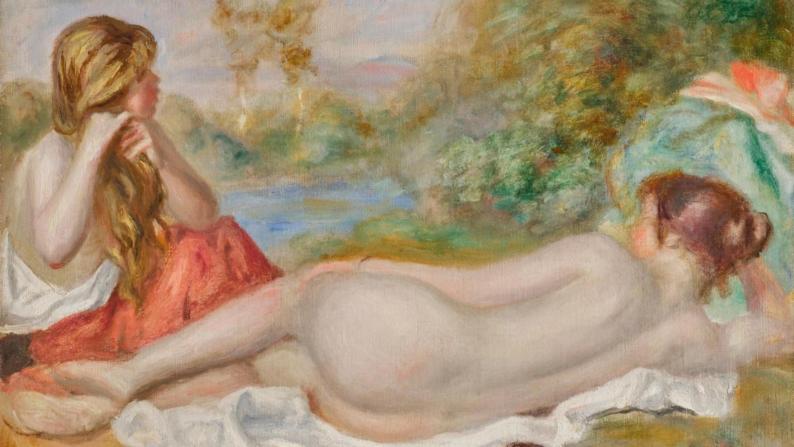 Pierre-Auguste Renoir (1841-1919), Femme allongée et jeune fille se coiffant, 1896,... La beauté des baigneuses nacrées de Renoir