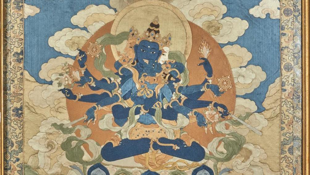 Mongolie, XVIIIe siècle. Thangka en soie appliquée représentant Guhyasamaja à trois... Des hauteurs du Tibet  aux plaines de Mongolie