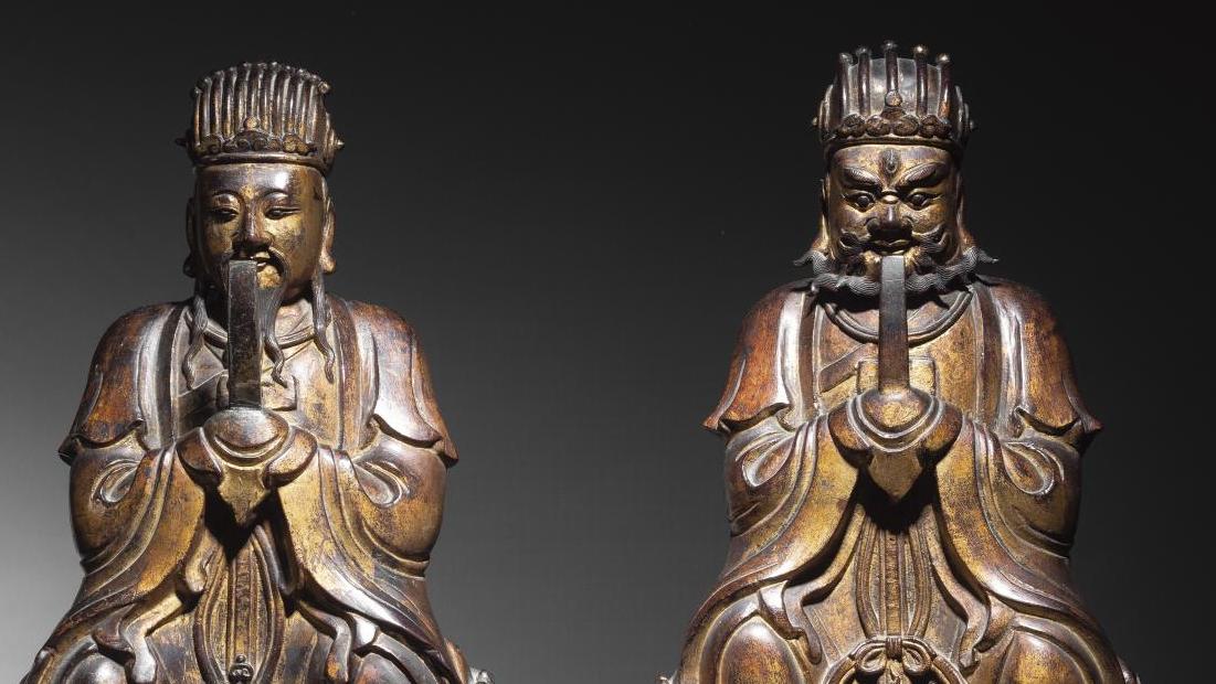 Chine, dynastie Ming (1368-1644). Deux Immortels taoïstes en alliage de cuivre laqué... Deux Immortels taoïstes chez les Ming
