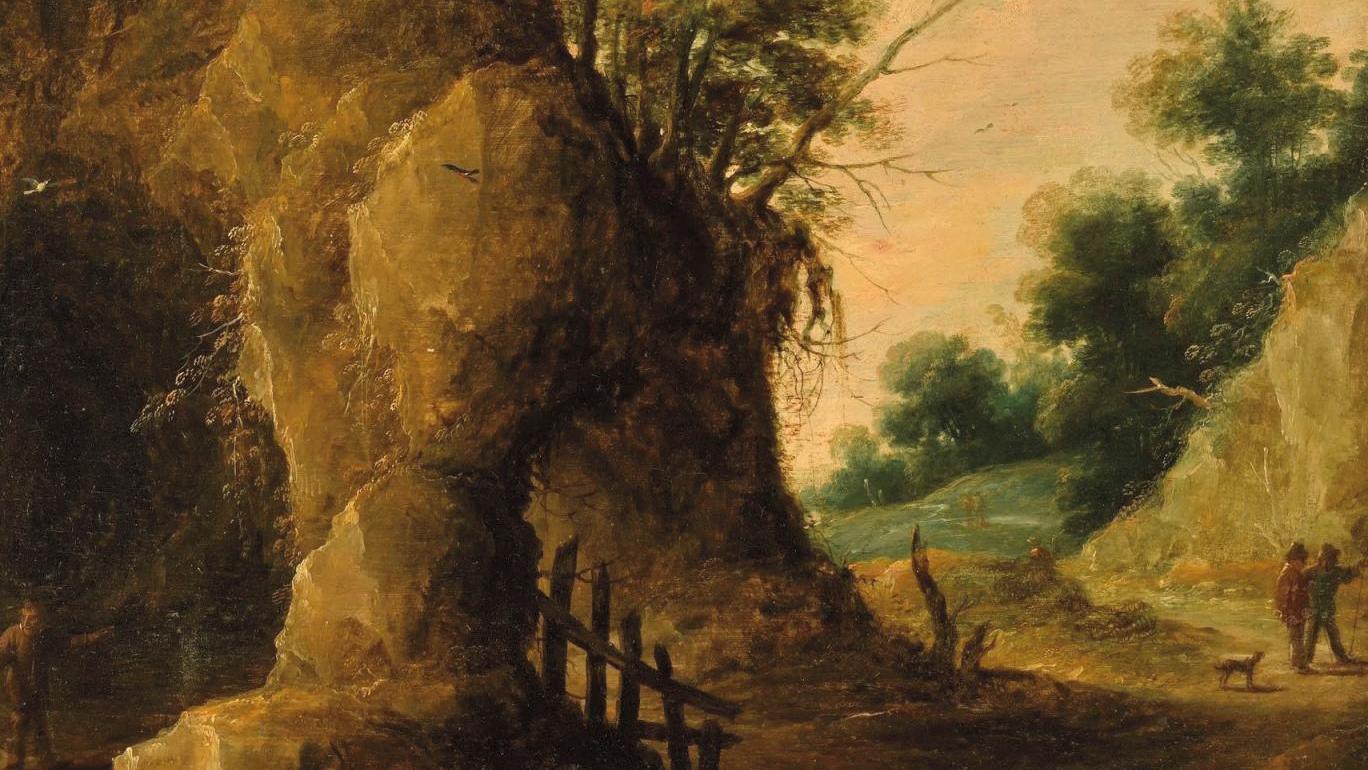 Attribué à David II Teniers (1610-1690), Moines à l’entrée d’une grotte et villageois... Un motif intrigant attribué à David II Teniers 