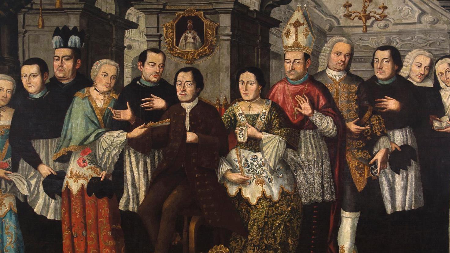 Attribué à Cristóbal de Aguilar ( ?-1769), Portrait de la famille Cornejo-Sancho,... Portrait de bonne famille attribué à Cristóbal de Aguilar  