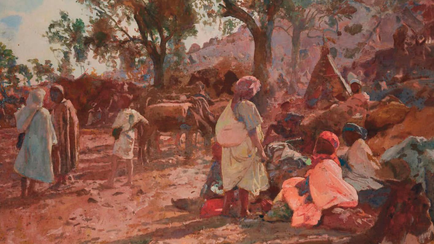 Jacques Majorelle (1886-1970), Marché aux ânes à Marrakech, huile sur Isorel, 61,5 x 92 cm.... Les marchés du Maroc par Majorelle 