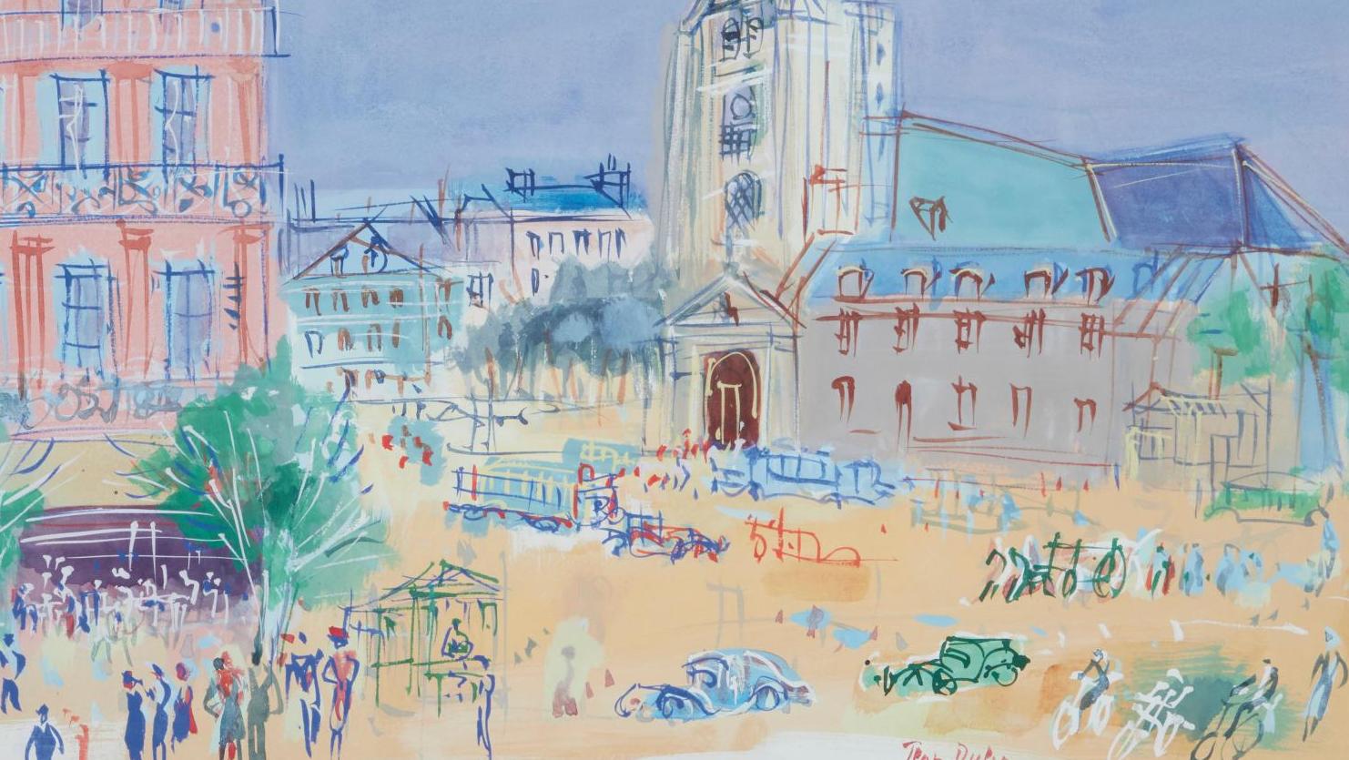 Jean Dufy (1888-1964), Place Saint-Germain-des-Prés animée, vers 1955-1958, gouache... A Saint-Germain-des-Prés avec Jean Dufy