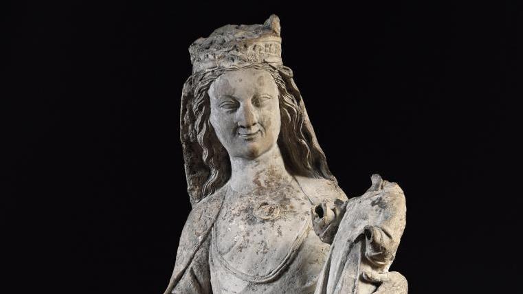 Île-de-France, c 1270-1280. Virgin and Child in limestone carved in the round, the... A Gothic Jewel From the Ile-de-France