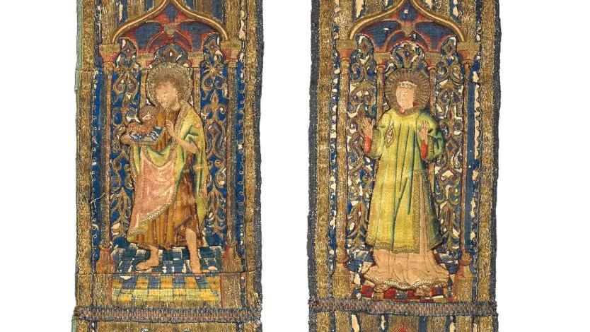 Dernier quart du XVe siècle. Bandes d'orfroi brodées, 93 x 17 et 94 x 13 cm. Lyon,... B comme broderie médiévale