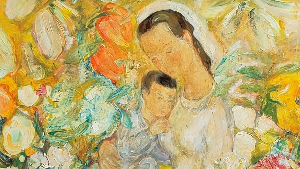 Lé Phô (1907-2001), Maternité, huile sur soie marouflée sur Isorel, double signature... Lé Phô ou une enfance vietnamienne retrouvée
