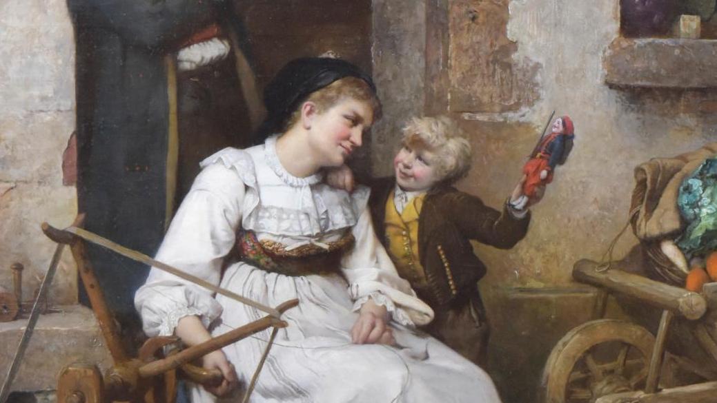Camille Alfred Pabst (1828-1898),  Le Cadeau du grand-père, toile, 131 x 97 cm. Adjugé :... Peinture d'Alsace et de Franche-Comté