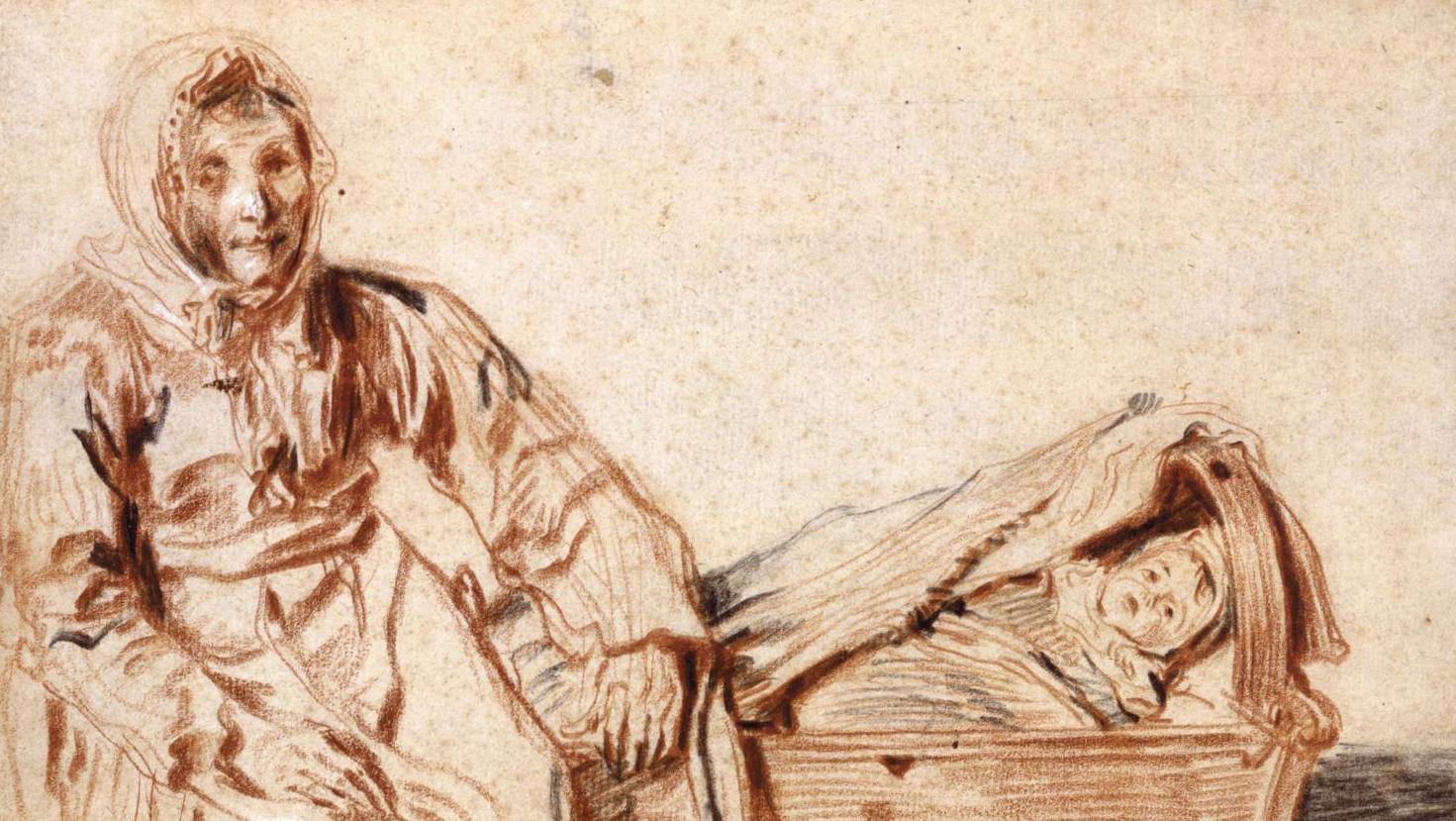 Antoine Watteau (1684-1721), Femme à genoux auprès d’un berceau, vers 1715, sanguine,... La collection Prat à Orléans : 125 dessins du XVIIe au XIXe siècle 
