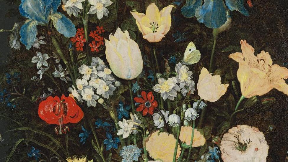 Jan Bruegel l’Ancien (1568-1625), Nature morte florale avec pierres précieuses, huile... Un grand vase de fleurs par Jan Bruegel l’Ancien