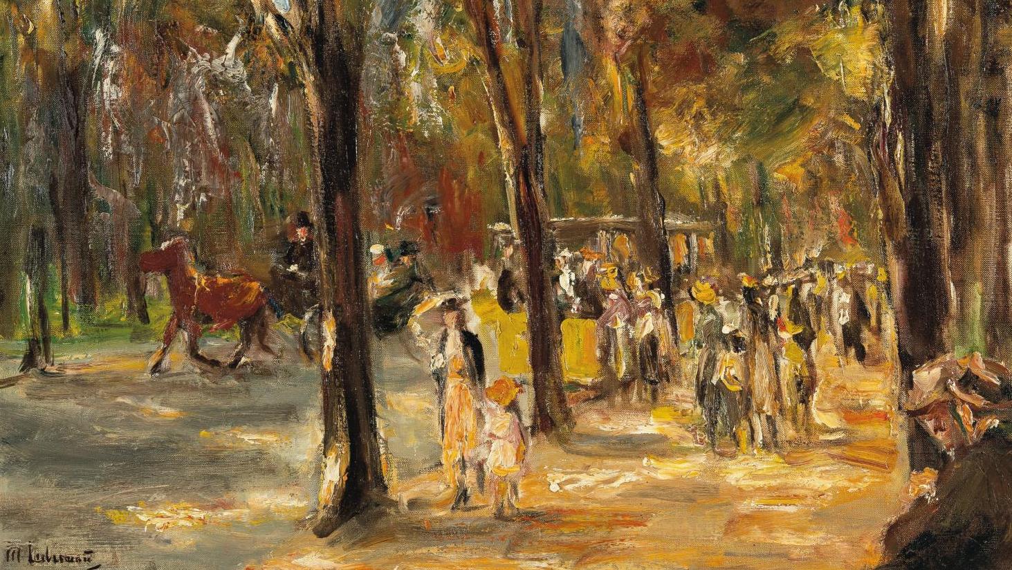 Max Liebermann (1847-1935), Allée du Tiergarten avec des promeneurs, un fiacre et... Max Liebermann en plein air à Tiergarten 