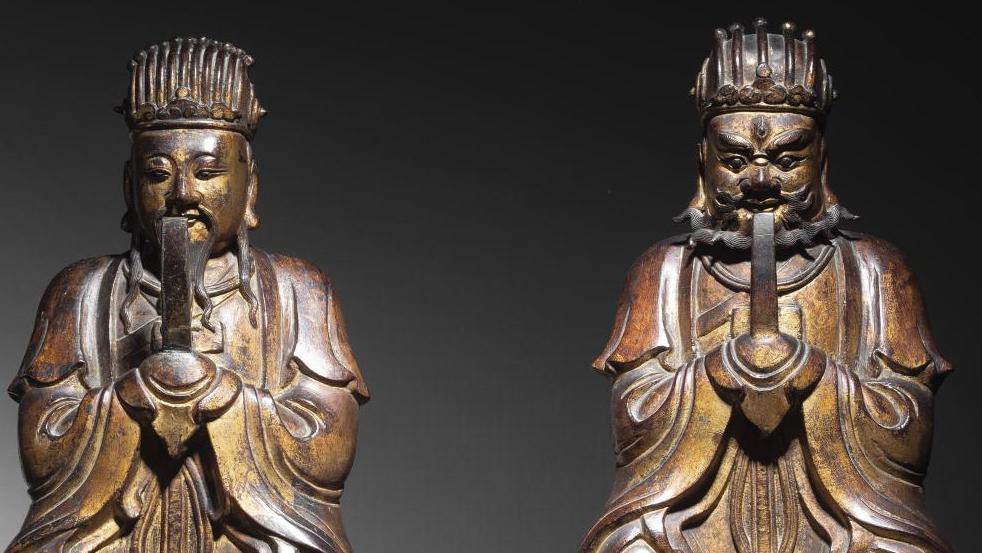 Chine, dynastie Ming (1368-1644). Deux immortels taoïstes, alliage de cuivre laqué... Le tao fait coup double
