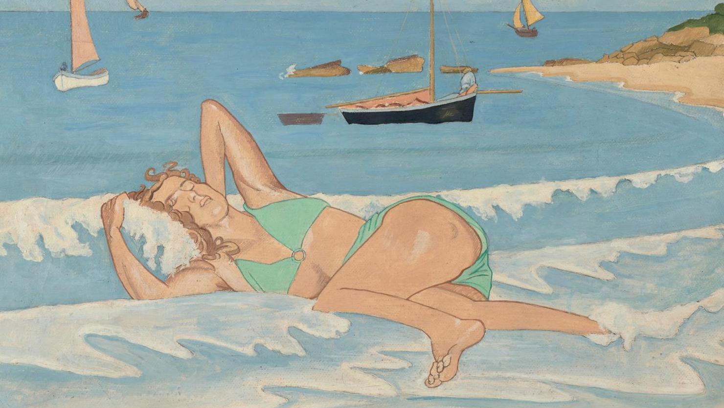 Augustin Rouart (1907-1997), Femme dans les vagues, 1947, tempera sur toile, 38,5 x 55 cm.... Rouart au sommet de la vague