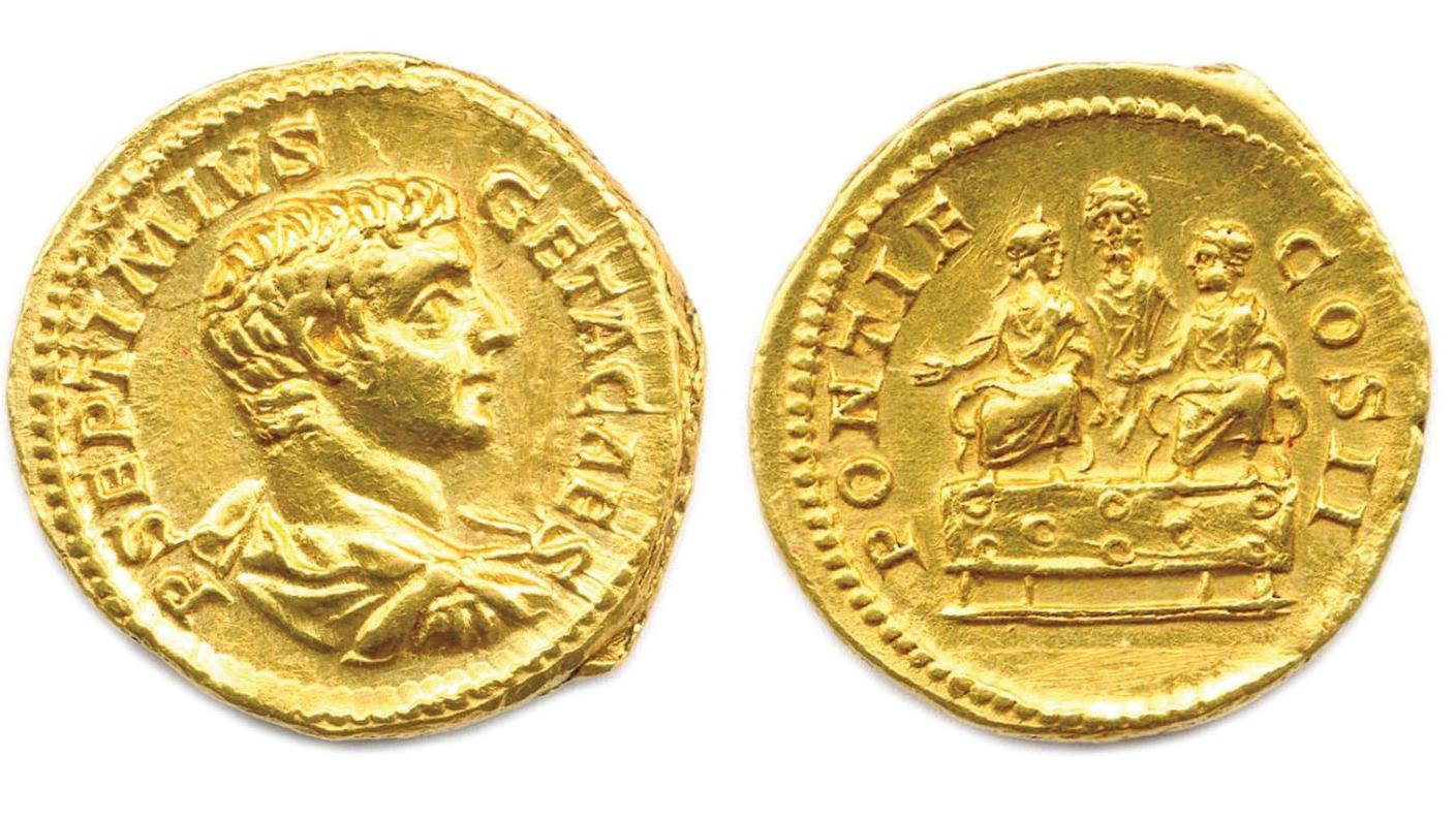 Geta, césar puis empereur (5 février-26 décembre 211,aureus frappé à Rome en 209,... Les monnaies antiques d’un collectionneur rare