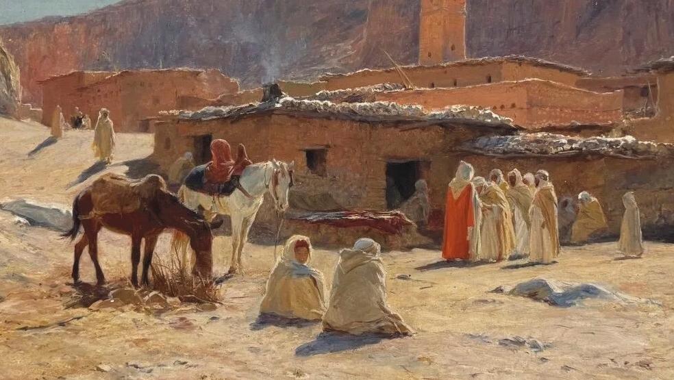 Eugène Girardet (1853-1907), L’Arrivée du caïd au village de Maafa, huile sur toile... Girardet sous le soleil algérien