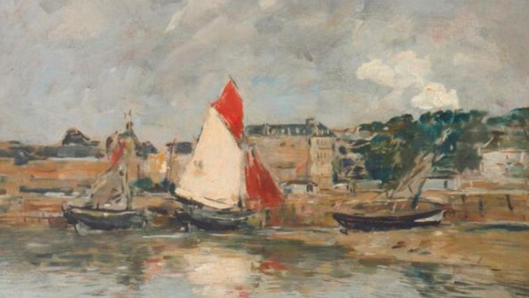 Eugène Boudin (1824-1898), Port de Trouville, à marée basse, huile sur panneau, 30 x 40 cm.... Boudin et la voile rouge de Trouville