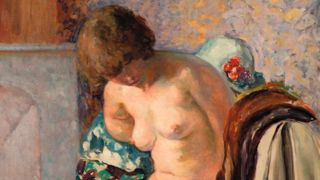 Henri Lebasque (1865-1937), Nu assis près de la cheminée, huile sur toile, 92 x 66 cm.... Henri Lebasque au coin du feu