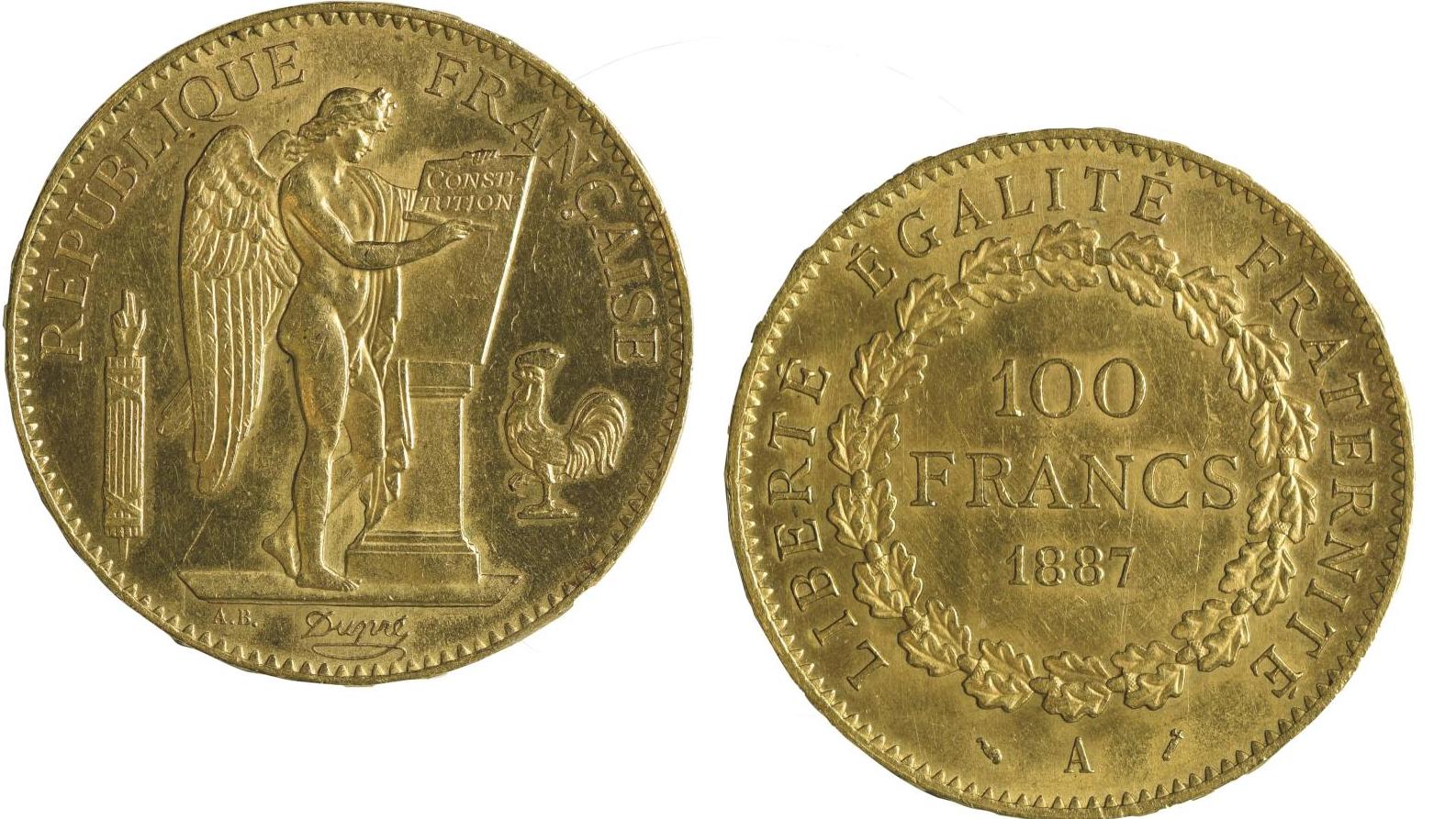 Troisième République. 100 francs « au Génie », Paris, 1887, or, « Très Beau à Superbe »... Génies ailés et figures de souverains