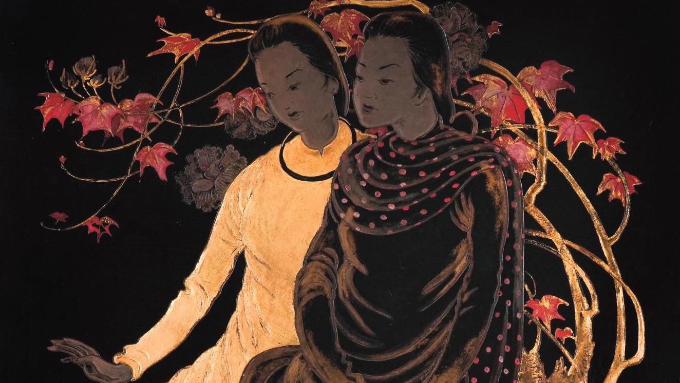 Nguyen Khang (1912-1988), Deux femmes en ao dai, 1943, panneau en bois laqué polychrome... L’art précieux de Nguyen Khang récompensé 