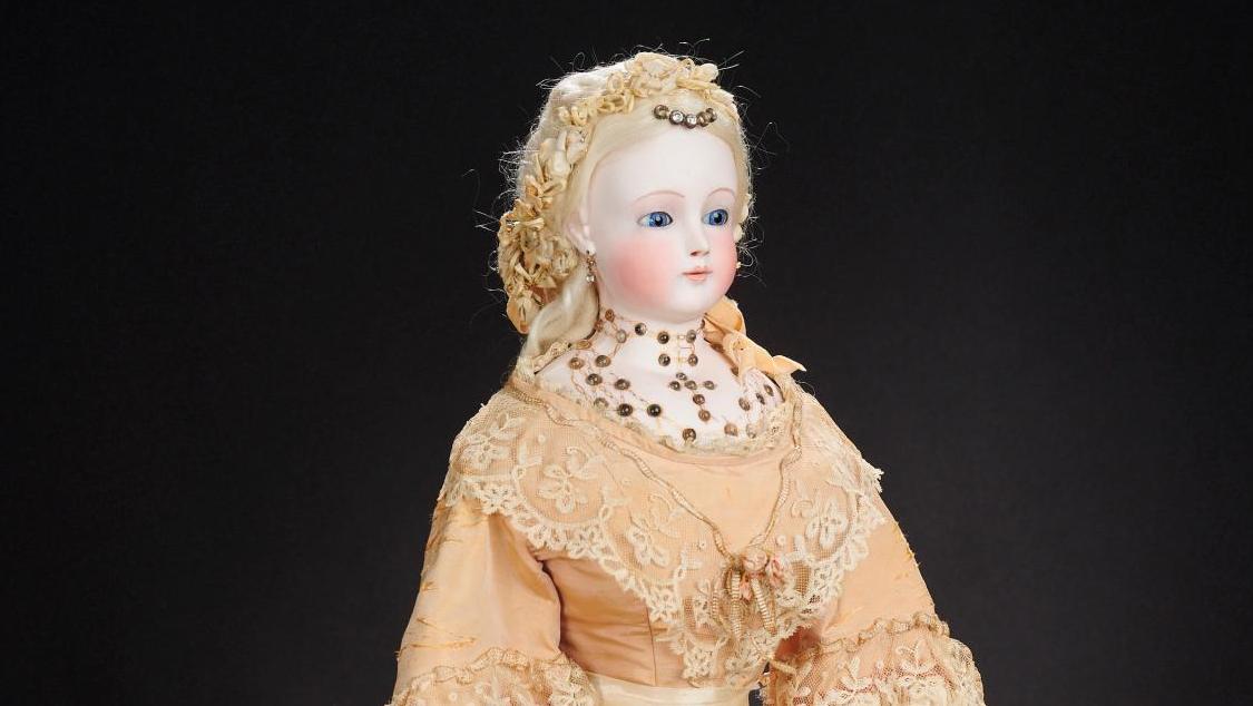 Antoine Edmond Rochard (1836- ?), poupée en biscuit, yeux en verre émaillé fixes,... Une poupée historique signée Rochard 