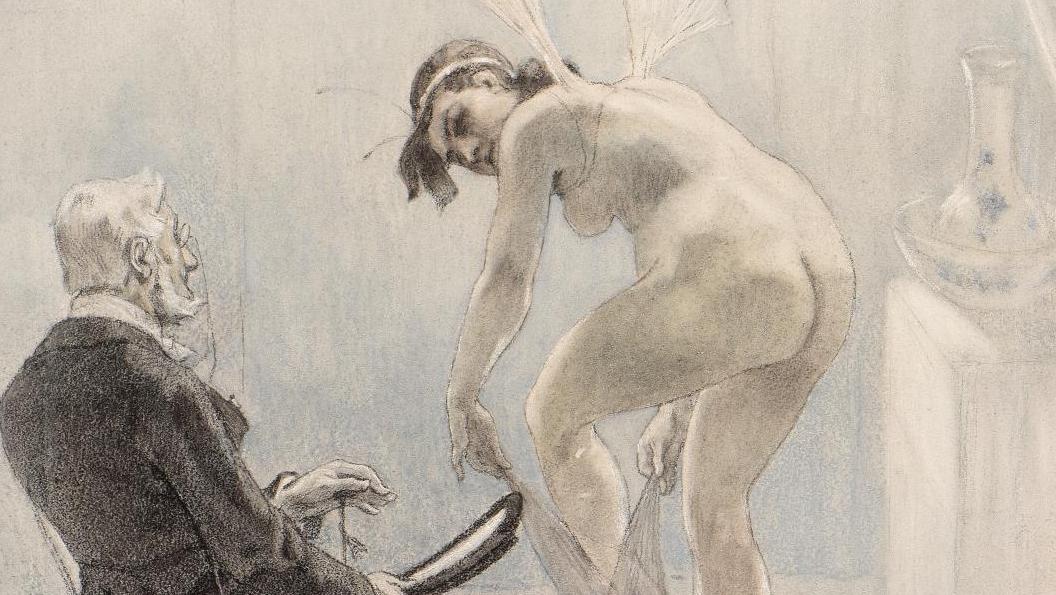 Félicien Rops (1833-1898), Le Maillot, dessin sur papier monogrammé en bas à gauche,... Dans l’intimité de Félicien Rops
