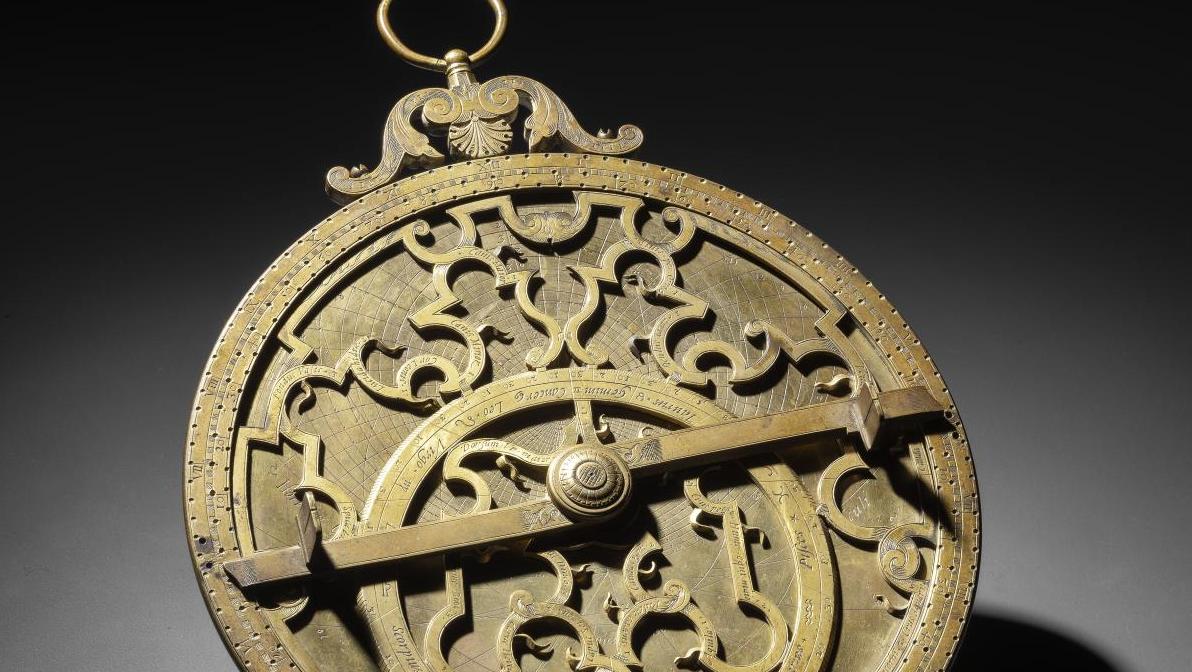 Late 16th century, engraved brass astrolabe, two double-sided plates, engraved with... A Beautiful Renaissance Astrolabe
