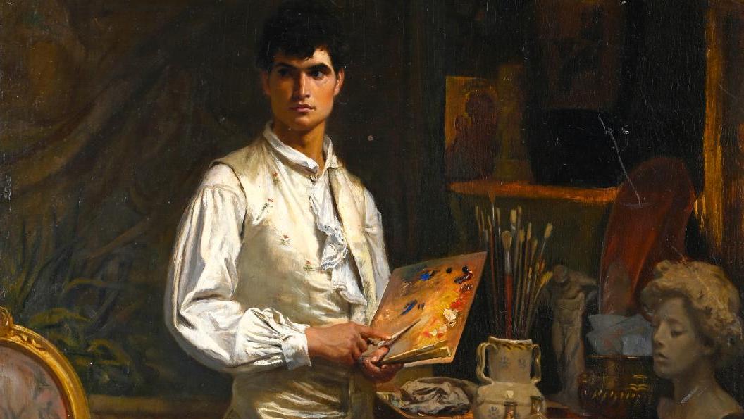Christian Meyer Ross (1843-1904), Jeune peintre dans son atelier, huile sur panneau,... Christian Meyer Ross, portrait d’un peintre norvégien à la carrière européenne