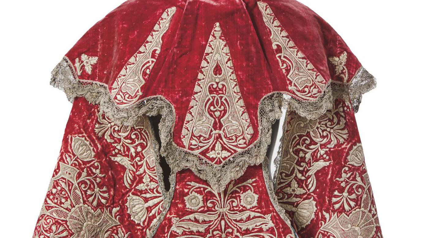 c. 1630, red velvet cape with three pendants and flap embroidered with silver and... E is for Embroidery of the 17th and 18th Centuries