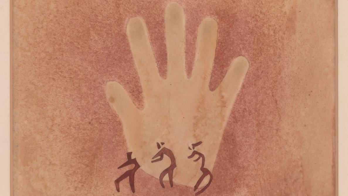Main avec trois personnages, relevé d’Élisabeth Pauli, Égypte, 1933. © Institut Frobenius,... La préhistoire dessinée au musée de l’Homme