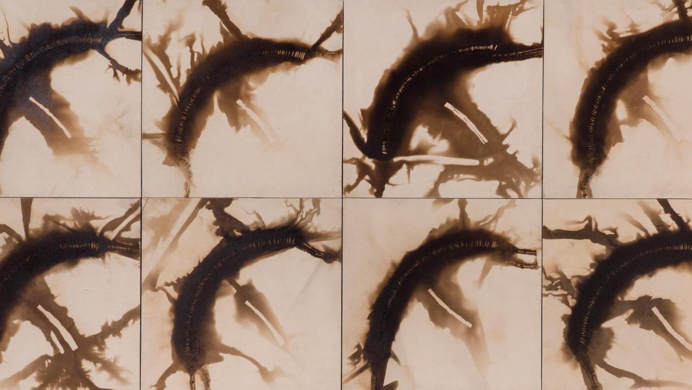 Christian Jaccard, Polyptyque, 1994, combustion de mèche lente noire sur huit toiles... Christian Jaccard sort de l’ombre au musée Fabre de Montpellier