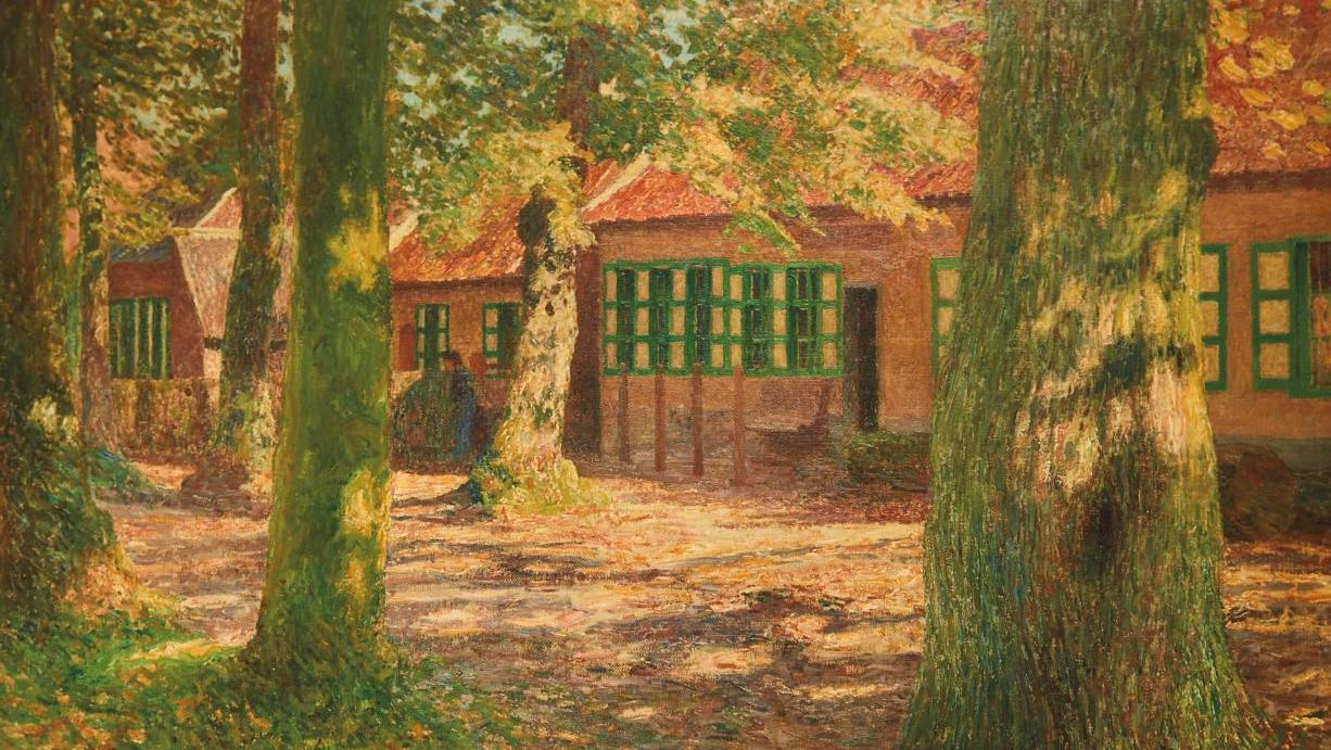 Émile Claus (1849-1924), Grands arbres devant un béguinage en pays flamand, huile... Émile Claus, un «peintre du soleil» en pays flamand