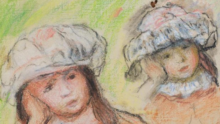 Pierre Auguste Renoir (1841-1919), Têtes de fillettes, pastel, monogramme rapporté... Auguste Renoir et l’enfance au pastel