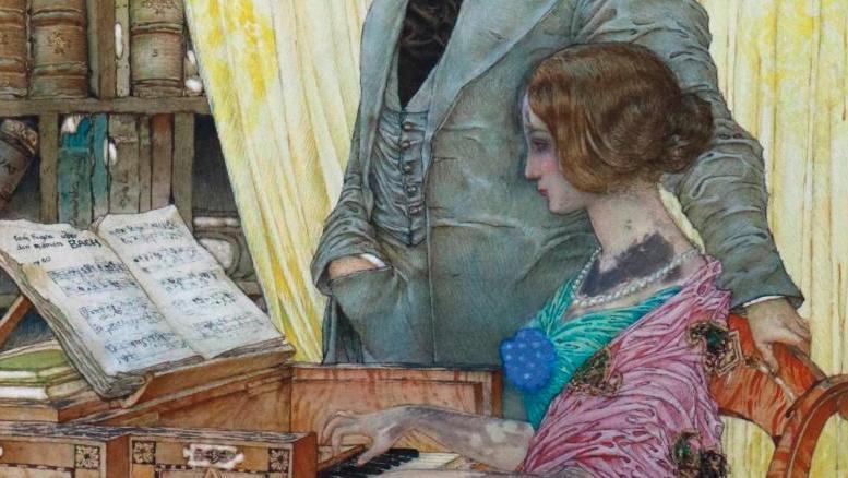 Gustave Adolphe Mossa (1883-1971), Clara und Robert Schumann, aquarelle, signée,... Mossa sous le charme des Schumann
