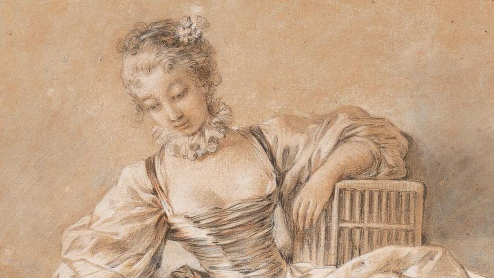 D’après François Boucher (1703-1770), Jeune Femme avec une cage à oiseaux, craie... Un délicat dessin d’après François Boucher