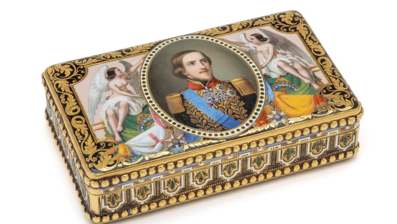 Suisse, Genève, vers 1845-1850. Tabatière de présent en or et émail polychrome au... Une tabatière suisse au Brésil