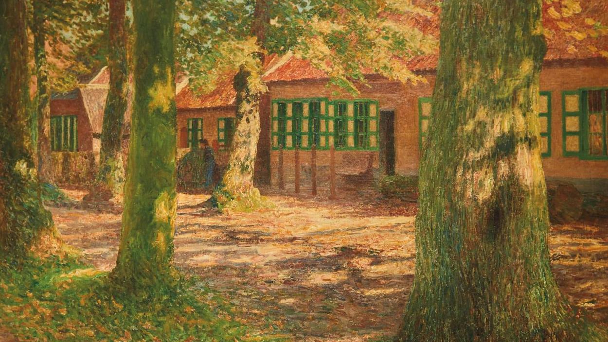 Émile Claus (1849-1924), Grands arbres devant un béguinage en pays flamand, huile... Fenêtres ouvertes sur le succès d'Émile Claus 