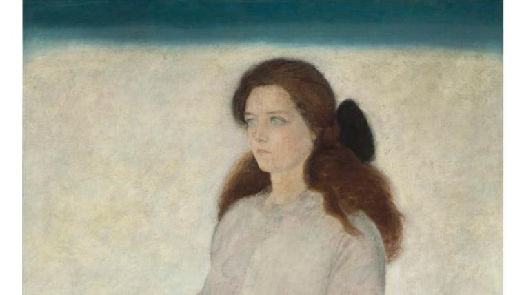 Gustave Van de Woestyne (1881-1947), Adrienne De Zutter au violon, 1920, toile signée... Un singulier portrait de Gustave Van de Woestyne