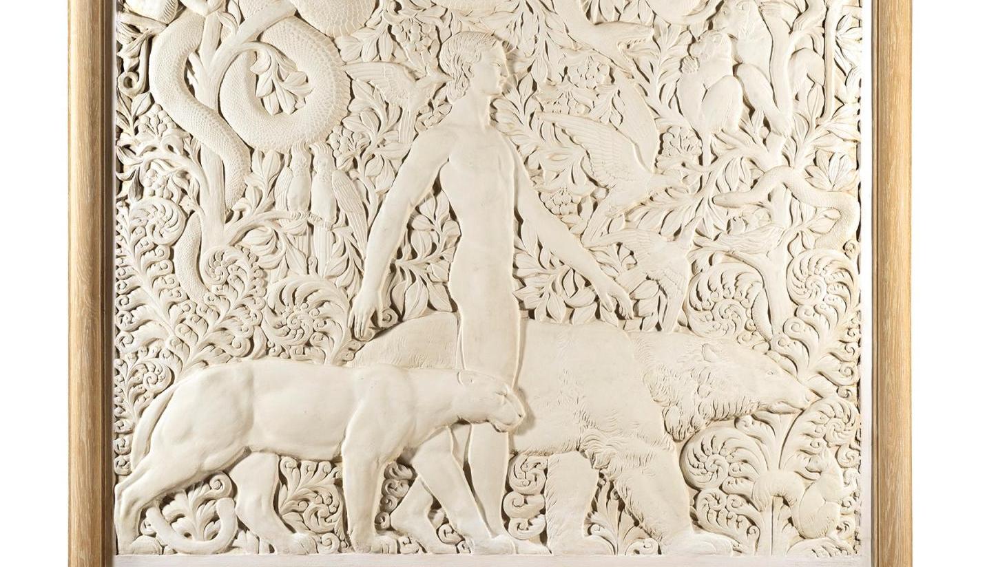 Raymond Delamarre (1890-1986), Mowgli, Le Livre de la jungle, bas-relief en plâtre,... S comme stuc