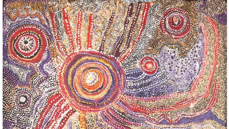 Manyitjanu Lennon (née en 1940), Mamungari’nya, 2017, acrylique sur lin belge. ©... La Fondation suisse Opale libère l’art aborigène