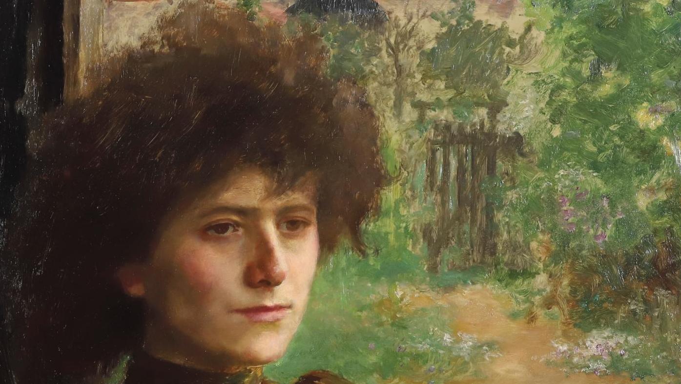 Émile Friant (1863-1932), Portrait de femme en buste devant sa fenêtre sur fond de... Une belle inconnue d'Émile Friant