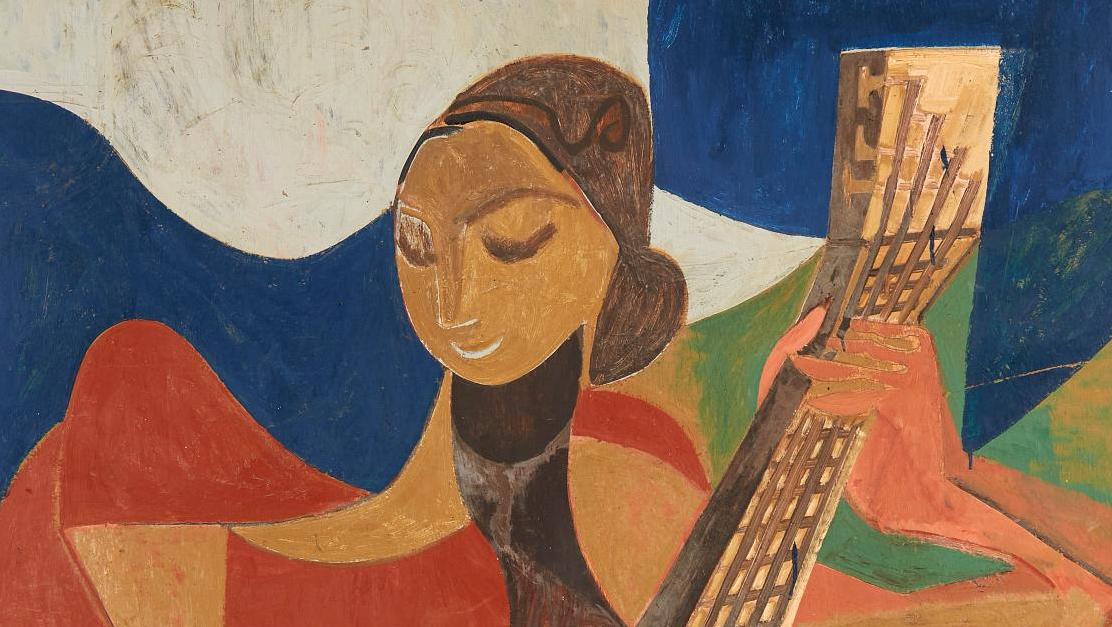 Françoise Gilot (1921-2023), Femme à la guitare, huile sur panneau, étude préparatoire... Une femme guitariste de Françoise Gilot, peintre qui a dit non à Picasso