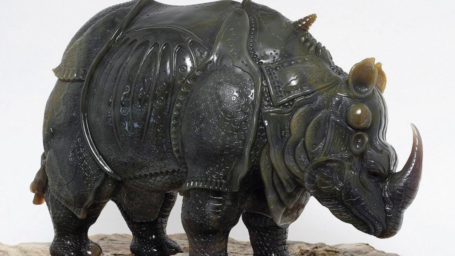 Christoph Schmitt (né en 1956), Sans titre, rhinocéros en agate naturelle, 34 x 50 cm,... Christoph Schmitt d’après Dürer 