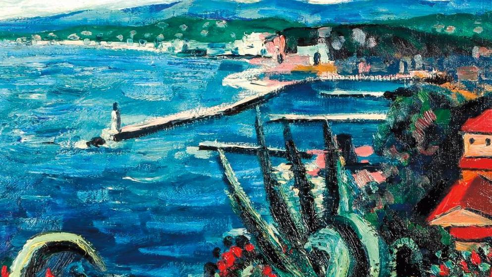 Francis Picabia (1879-1953), Le Port de Nice, vers 1938, huile sur carton, signée... Le port de Nice aux couleurs de Francis Picabia